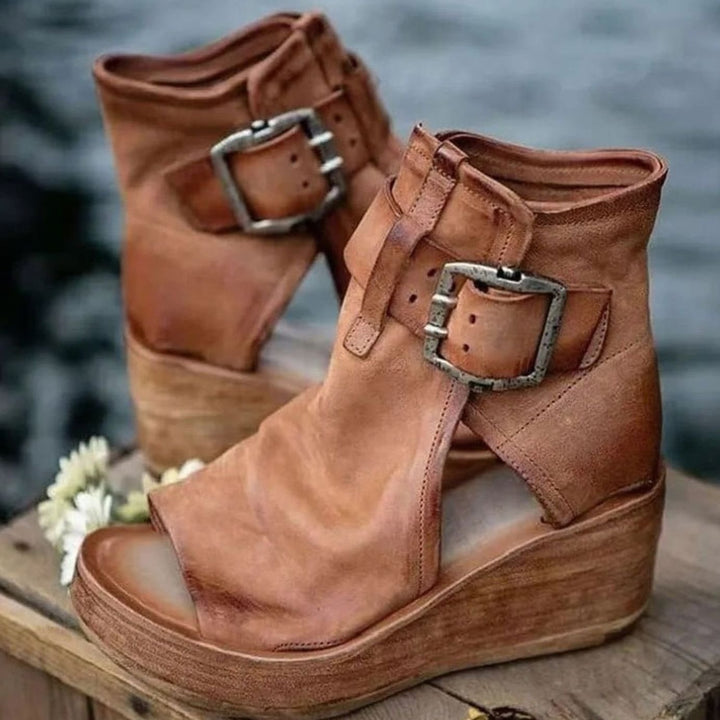 Women's Brown Suede Boots Wedge Buckle Cutout Sandal, Tan Brown - Brown