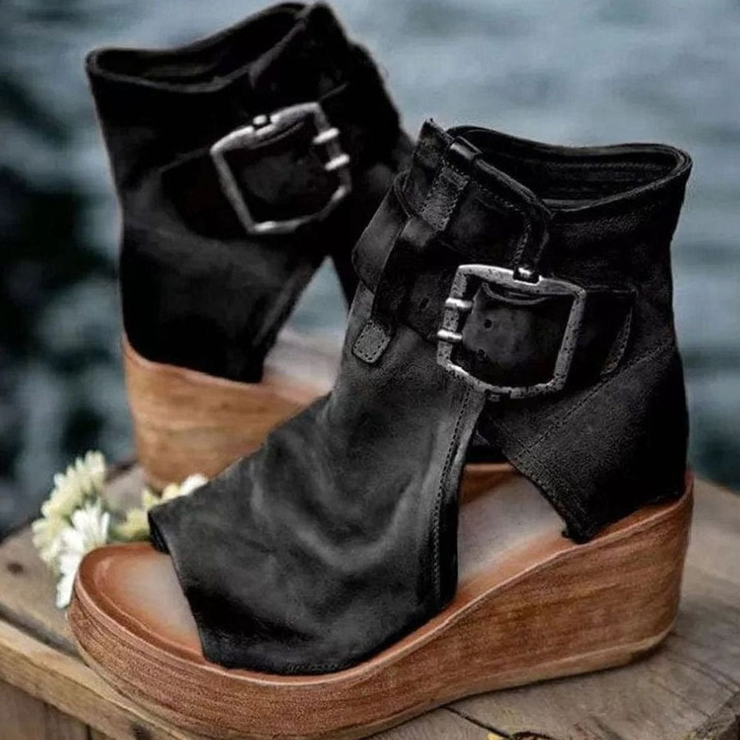 Women's Brown Suede Boots Wedge Buckle Cutout Sandal, Tan Brown - Black