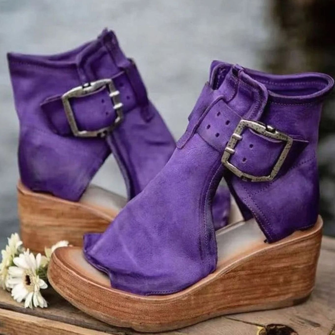 Women's Brown Suede Boots Wedge Buckle Cutout Sandal, Tan Brown - Purple