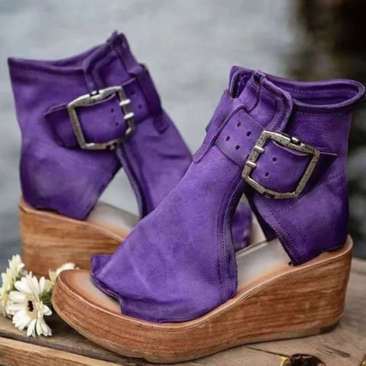 Women's Brown Suede Boots Wedge Buckle Cutout Sandal, Tan Brown - Purple