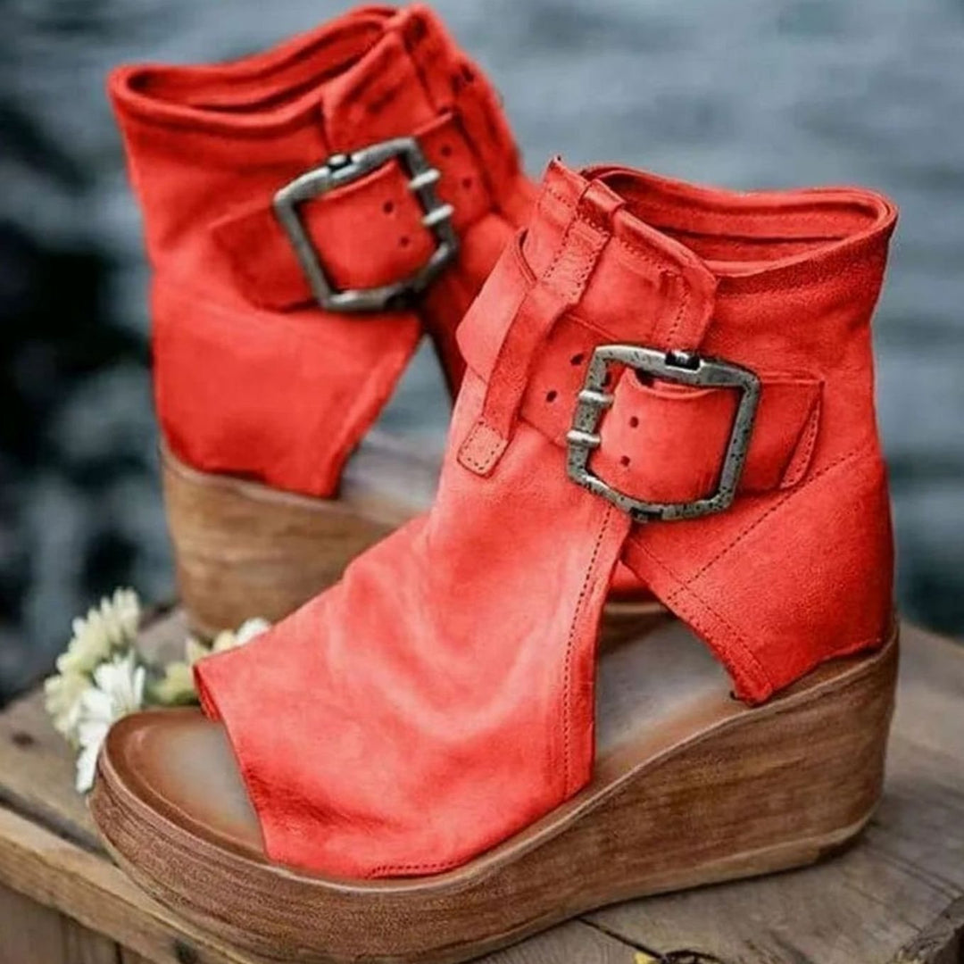 Women's Brown Suede Boots Wedge Buckle Cutout Sandal, Tan Brown - Red
