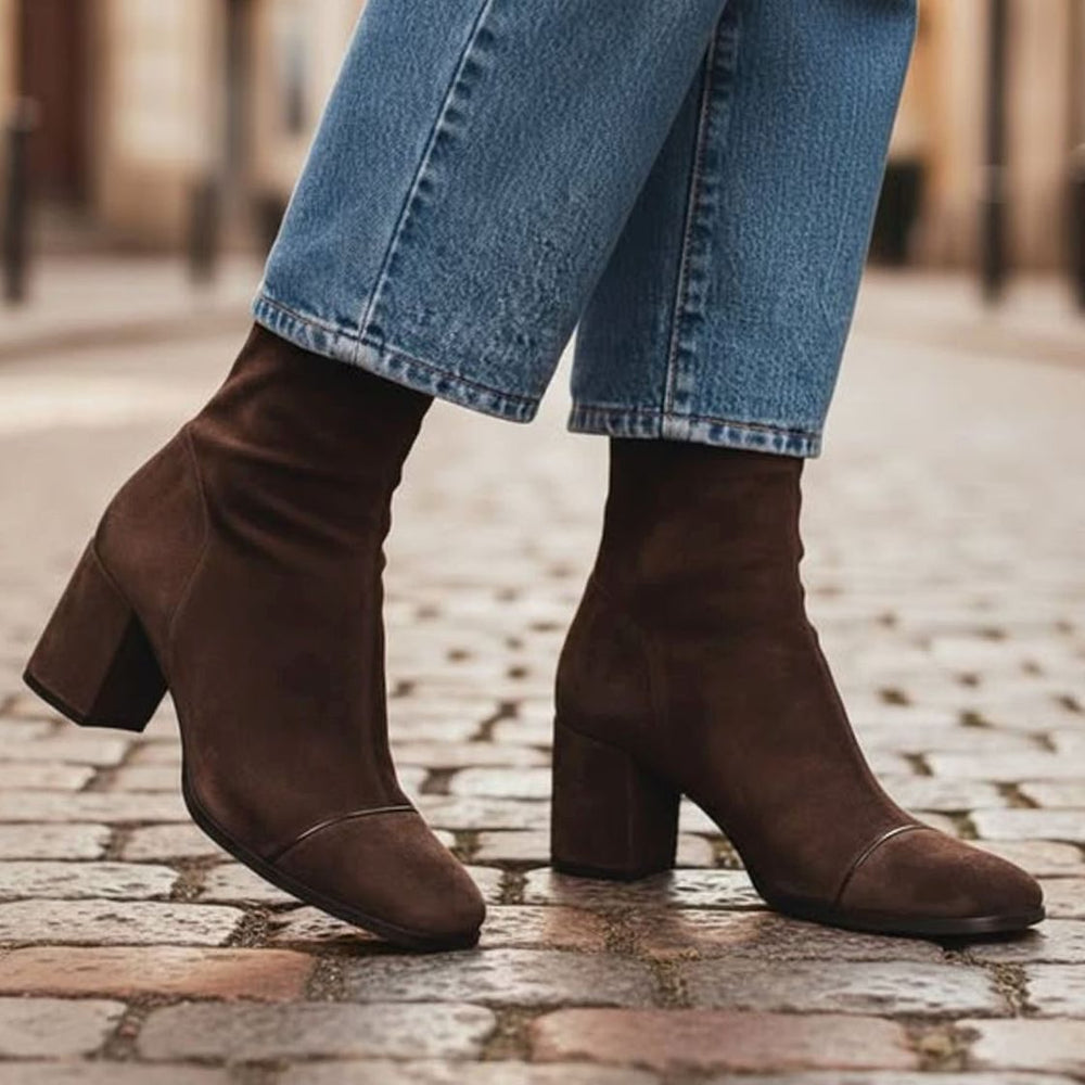 Women's Brown Suede Square-Toe Block Heel Ankle Boots