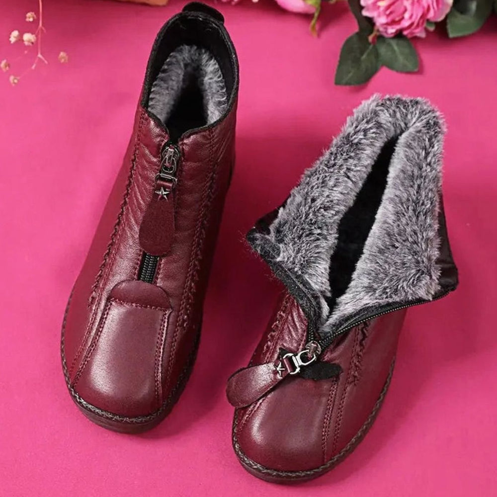Women's Burgundy Ankle Boots Fleece-Lined Non-Slip Winter Booties