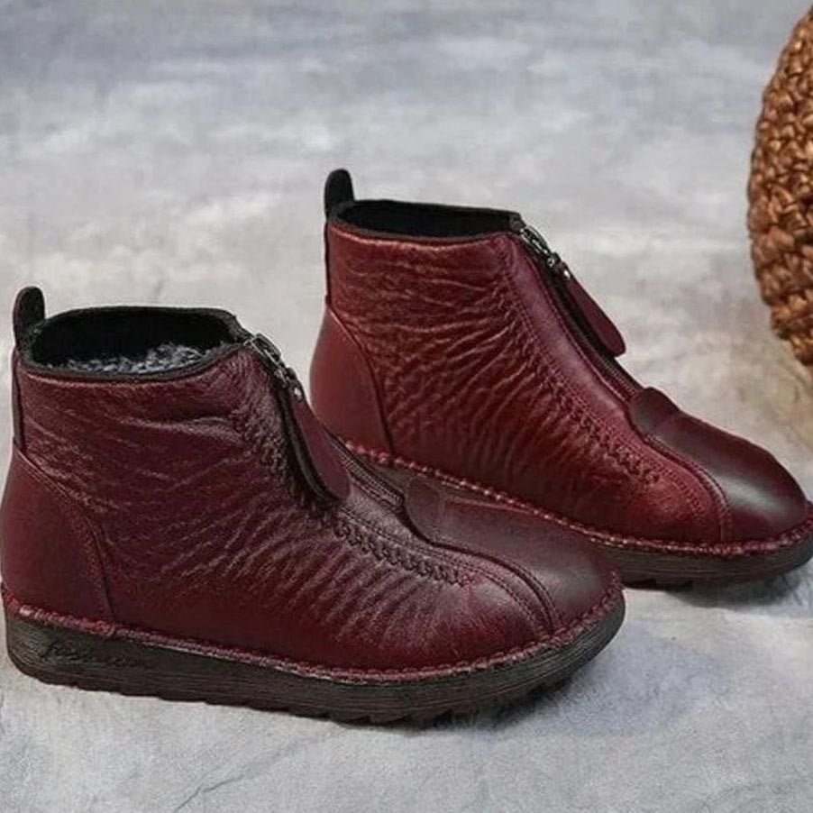 Women's Burgundy Ankle Boots Fleece-Lined Non-Slip Winter Booties - Burgundy