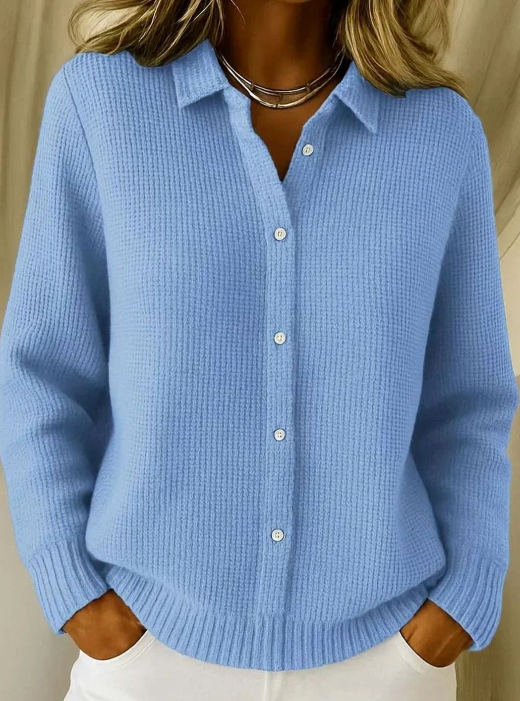 Women's Button-Front Collared Knit Cardigan Sweater, Light Blue - Blue