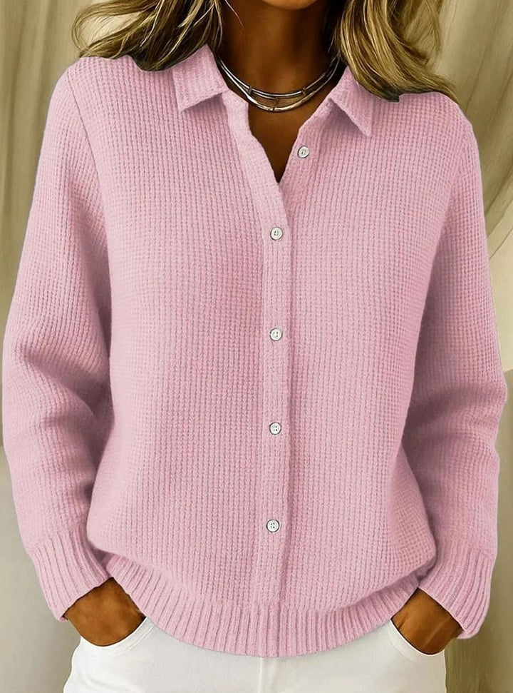 Women's Button-Front Collared Knit Cardigan Sweater, Light Blue - Pink