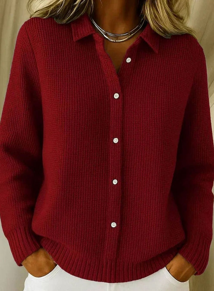Women's Button-Front Collared Knit Cardigan Sweater, Light Blue - Red