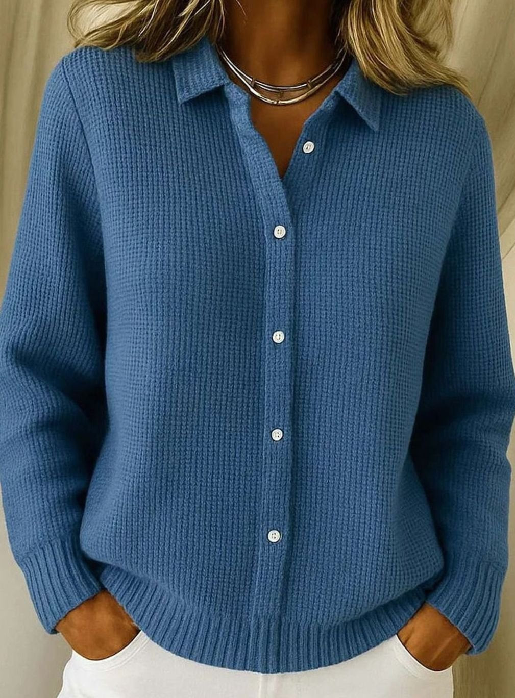 Women's Button-Front Collared Knit Cardigan Sweater, Light Blue - Dark Blue
