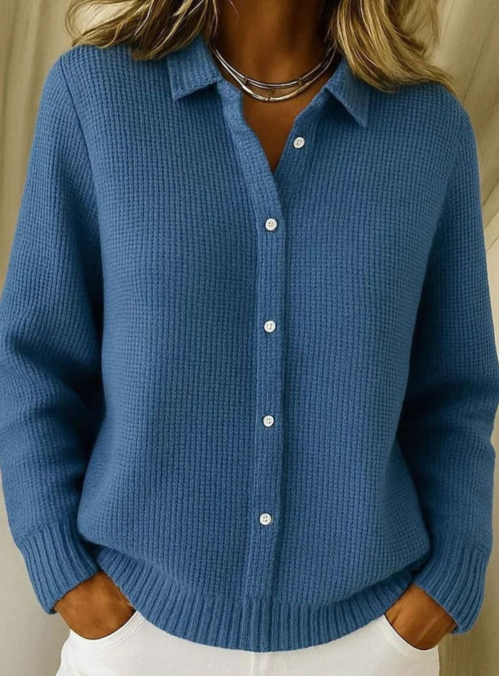 Women's Button-Front Collared Knit Cardigan Sweater, Light Blue - Dark Blue