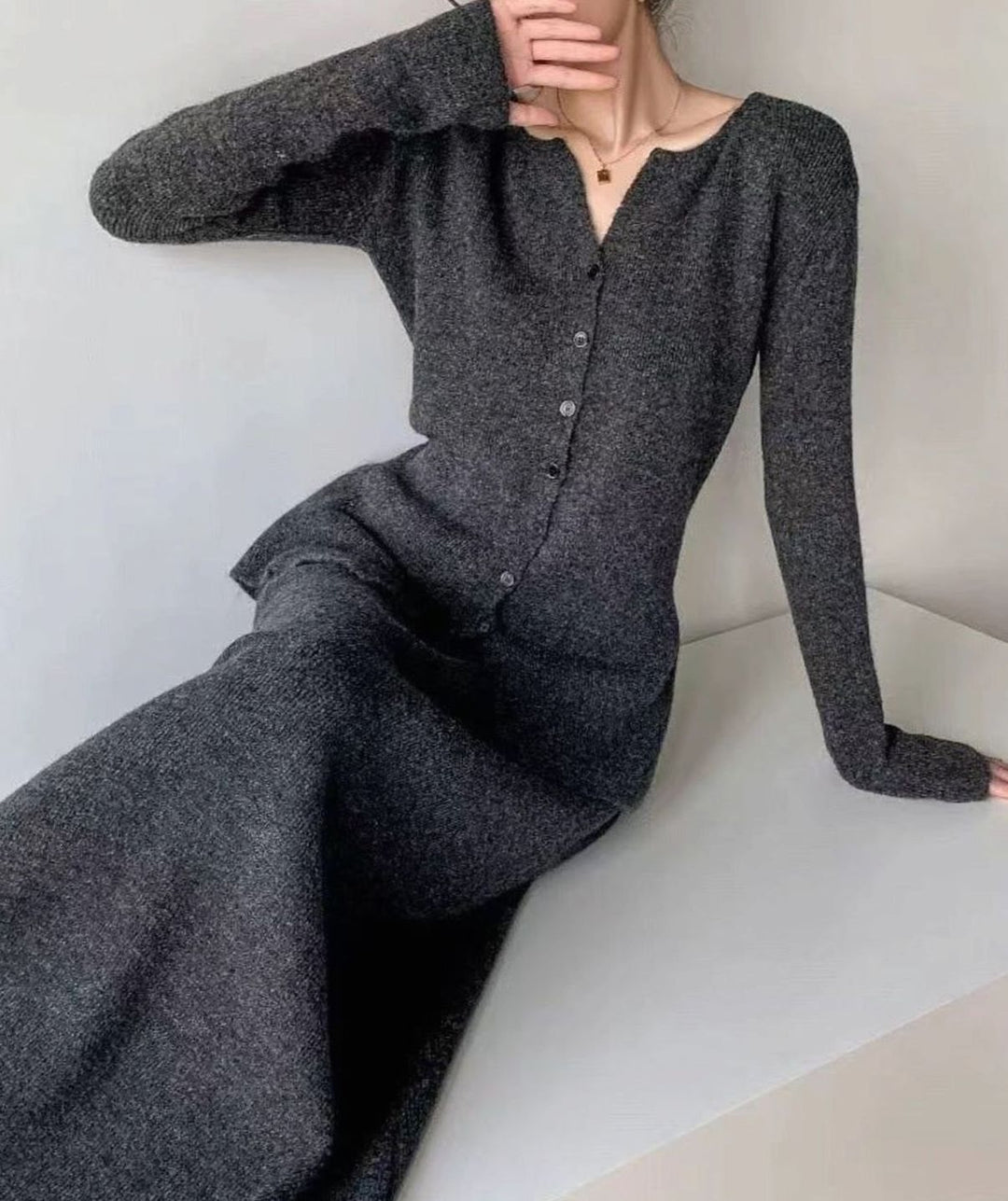 Women's Button-Front Knit Cardigan Midi Skirt Two-Piece Set - Gray