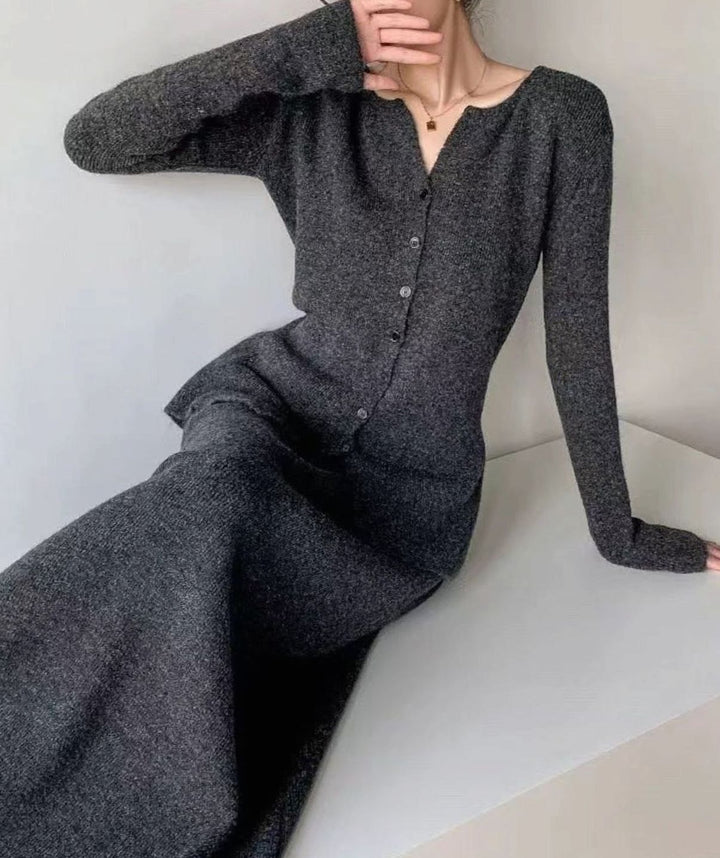 Women's Button-Front Knit Cardigan Midi Skirt Two-Piece Set - Gray