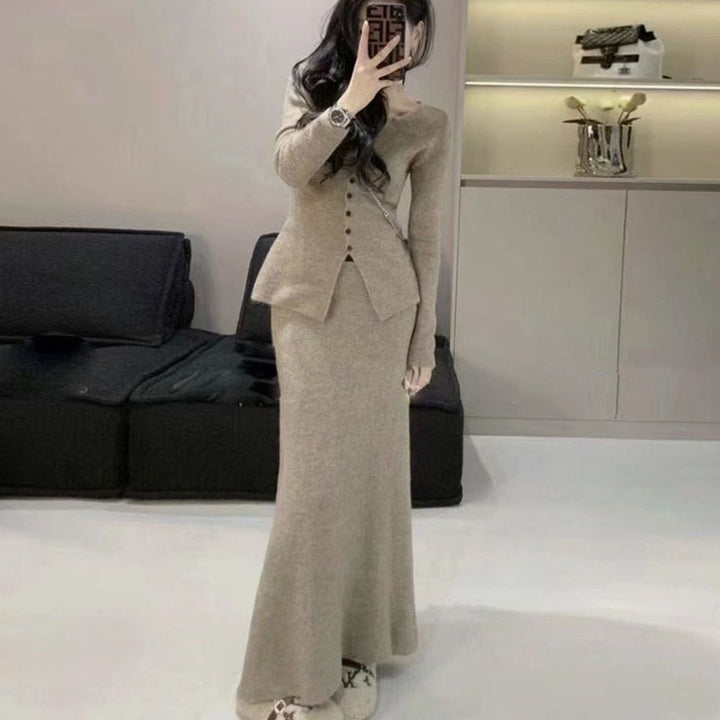 Women's Button-Front Knit Cardigan Midi Skirt Two-Piece Set