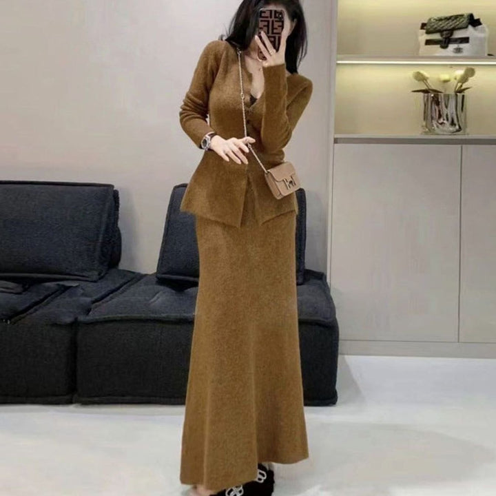 Women's Button-Front Knit Cardigan Midi Skirt Two-Piece Set - Brown