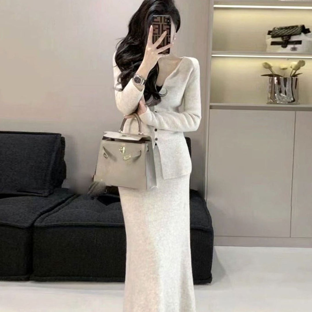 Women's Button-Front Knit Cardigan Midi Skirt Two-Piece Set - White