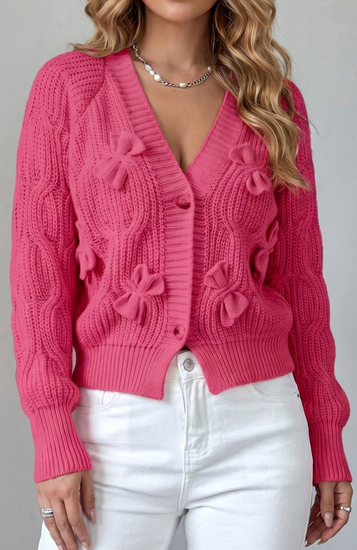 Women's Cable-Knit 3D Bow Button-Front Cardigan Sweater - Rose Red