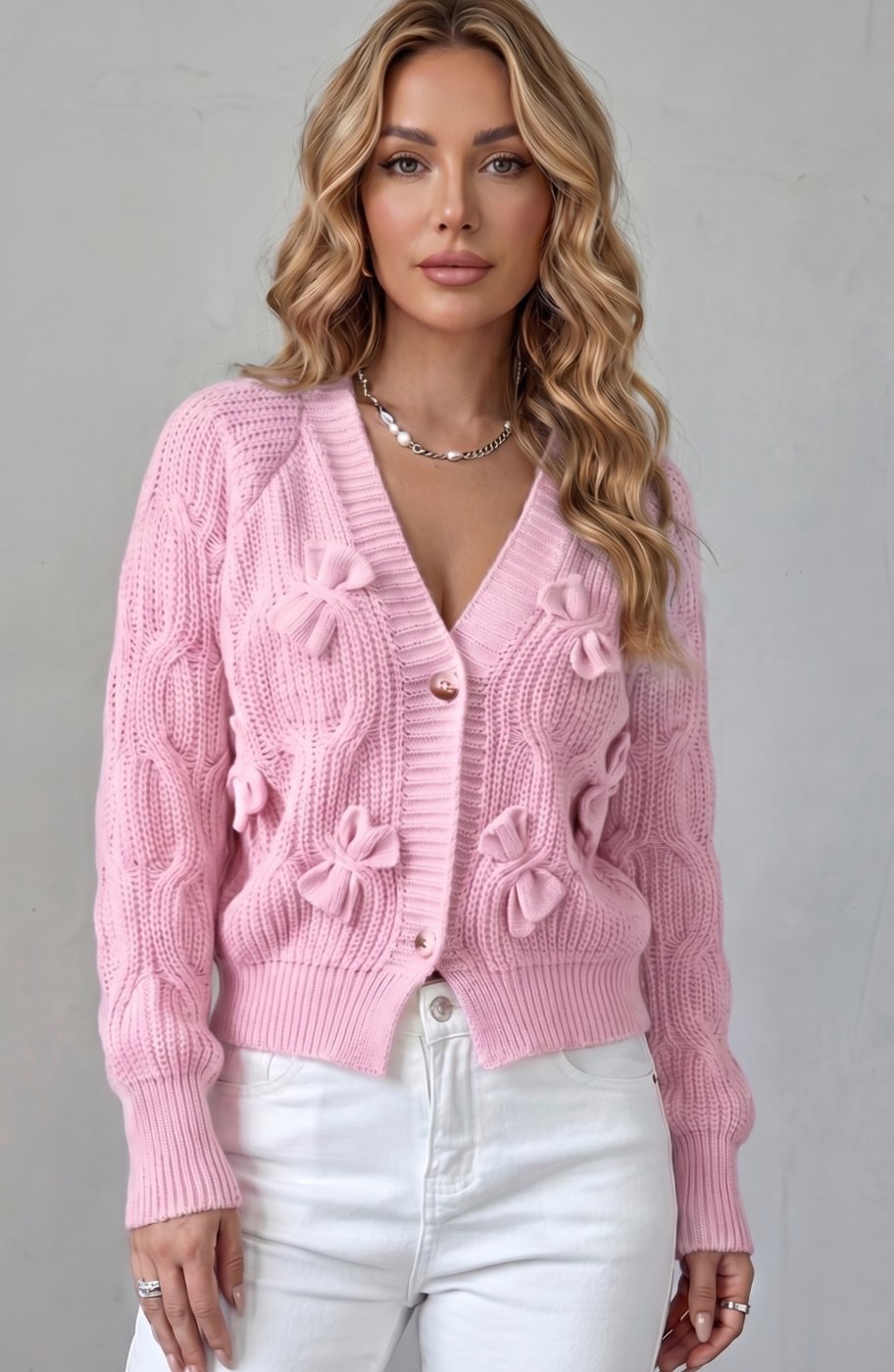 Women's Cable-Knit 3D Bow Button-Front Cardigan Sweater
