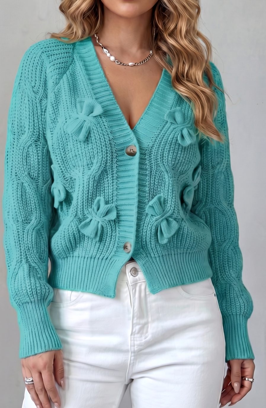 Women's Cable-Knit 3D Bow Button-Front Cardigan Sweater - Turquoise