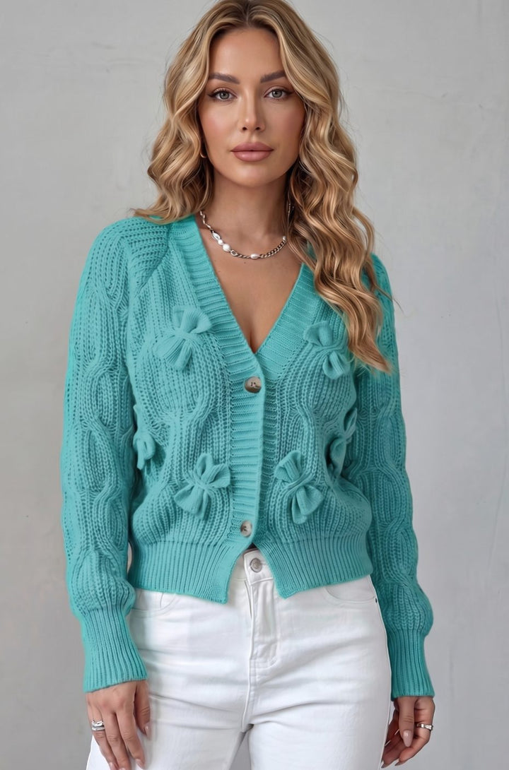 Women's Cable-Knit 3D Bow Button-Front Cardigan Sweater