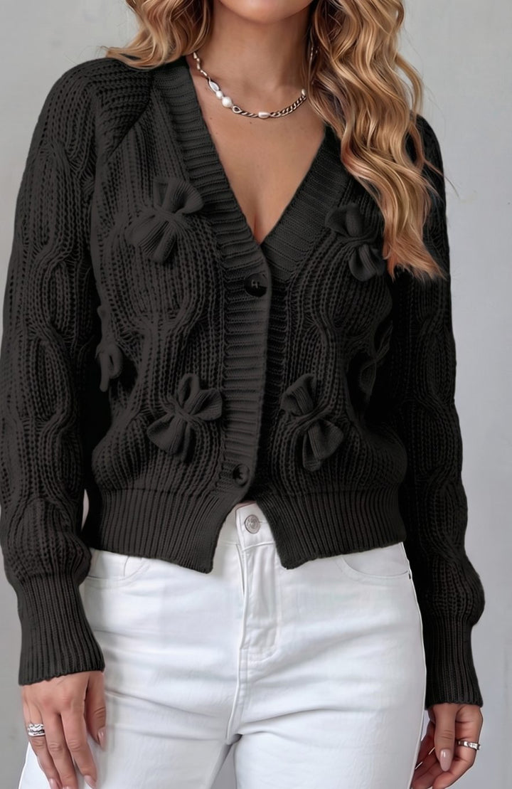 Women's Cable-Knit 3D Bow Button-Front Cardigan Sweater - Black