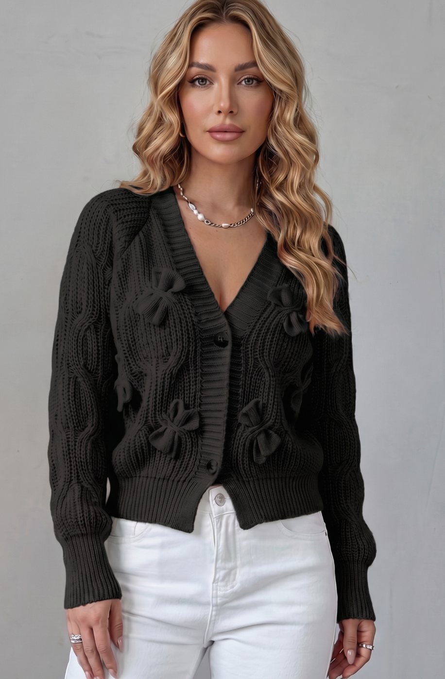 Women's Cable-Knit 3D Bow Button-Front Cardigan Sweater