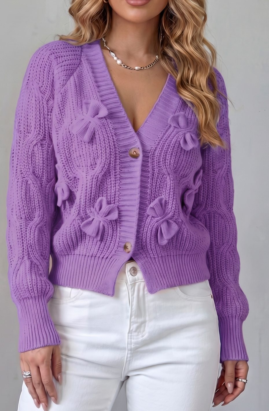 Women's Cable-Knit 3D Bow Button-Front Cardigan Sweater - Purple