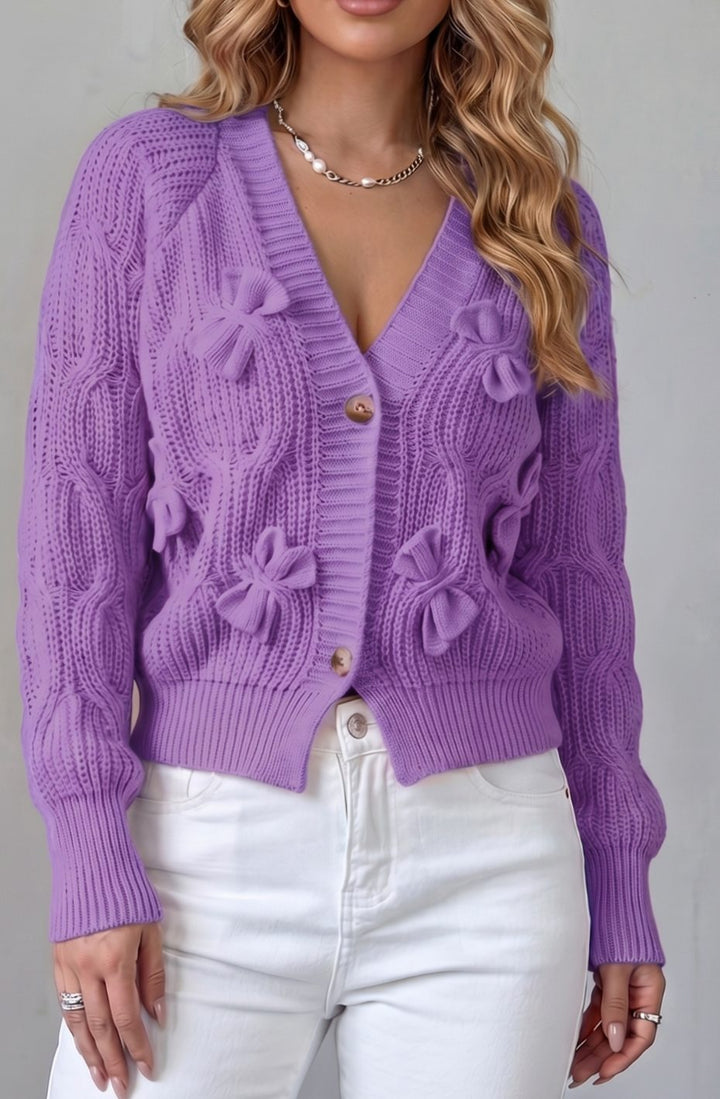 Women's Cable-Knit 3D Bow Button-Front Cardigan Sweater - Purple