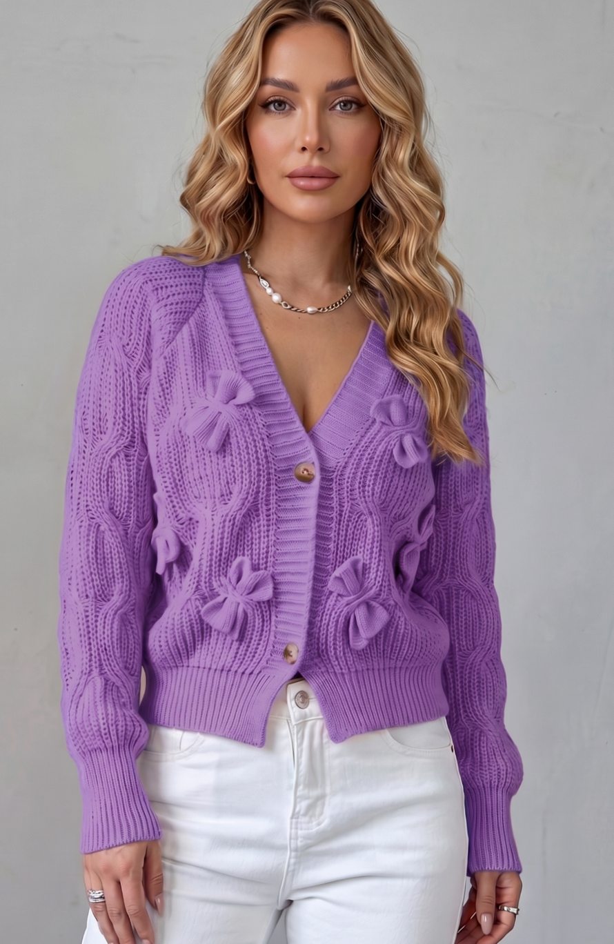 Women's Cable-Knit 3D Bow Button-Front Cardigan Sweater
