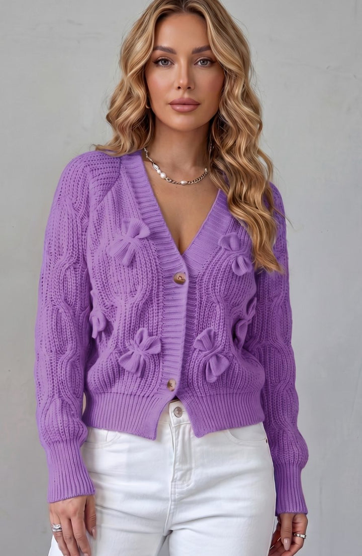Women's Cable-Knit 3D Bow Button-Front Cardigan Sweater