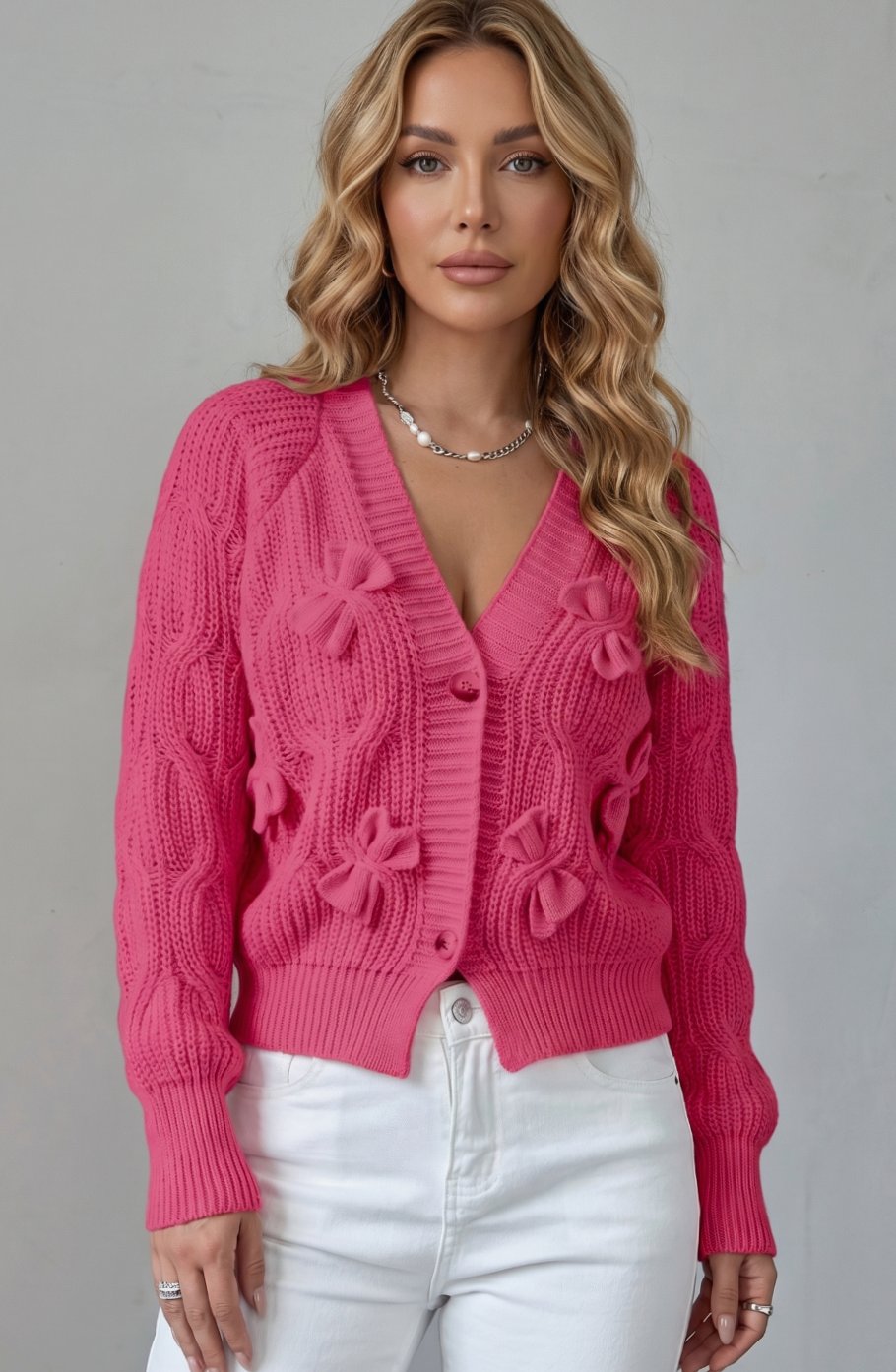 Women's Cable-Knit 3D Bow Button-Front Cardigan Sweater