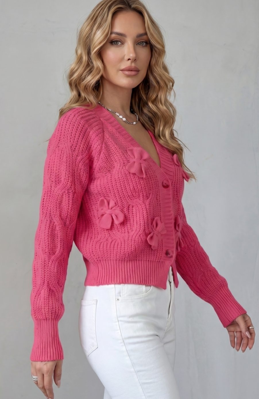 Women's Cable-Knit 3D Bow Button-Front Cardigan Sweater