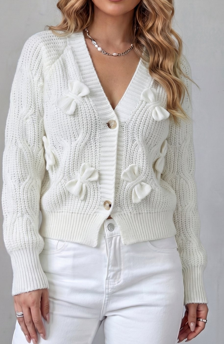 Women's Cable-Knit 3D Bow Button-Front Cardigan Sweater - White
