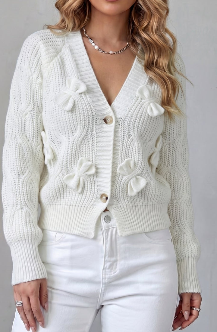 Women's Cable-Knit 3D Bow Button-Front Cardigan Sweater - White