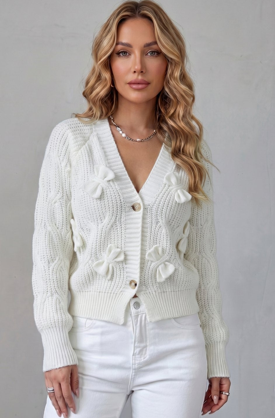 Women's Cable-Knit 3D Bow Button-Front Cardigan Sweater