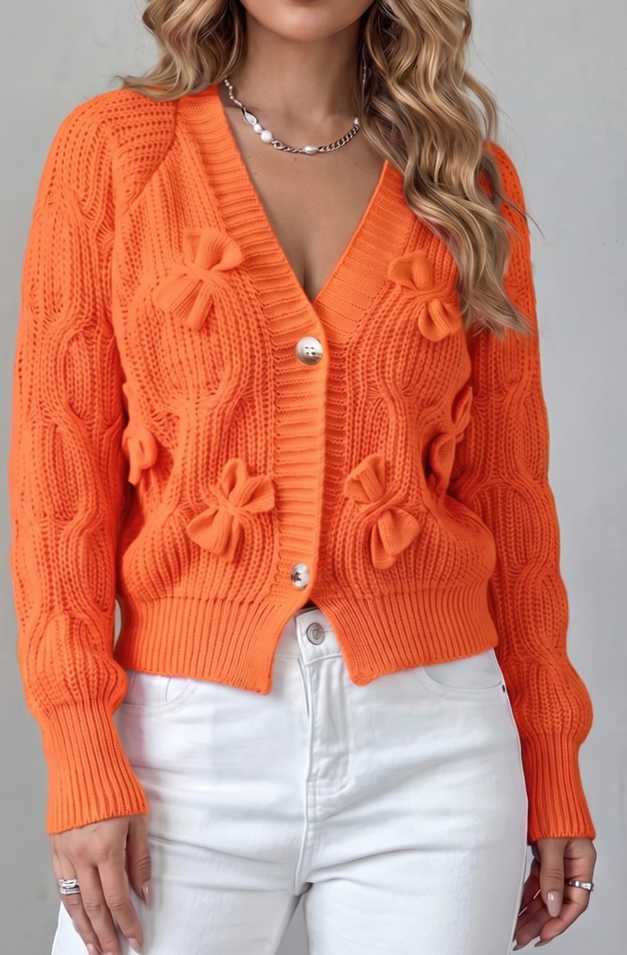 Women's Cable-Knit 3D Bow Button-Front Cardigan Sweater - Orange