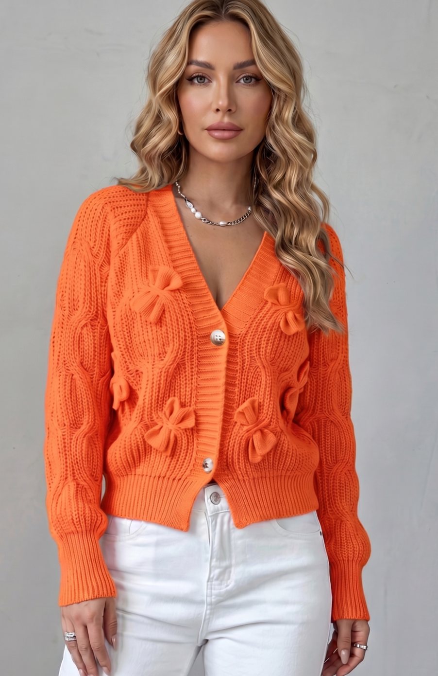 Women's Cable-Knit 3D Bow Button-Front Cardigan Sweater