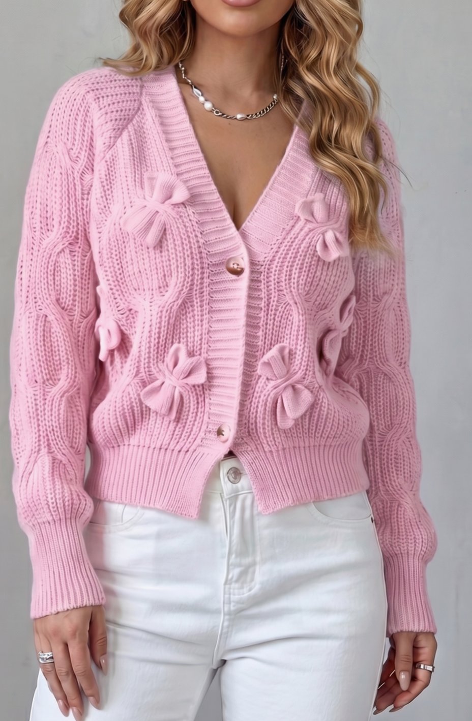 Women's Cable-Knit 3D Bow Button-Front Cardigan Sweater - Pink