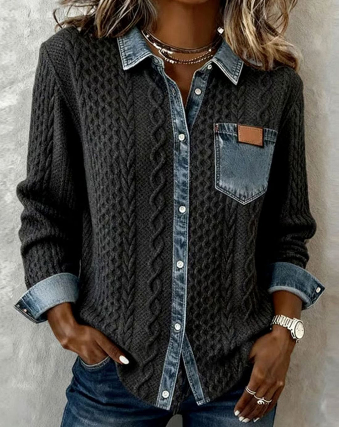 Women's Cable-Knit Button-Front Cardigan Denim-Trim Collar - Gray
