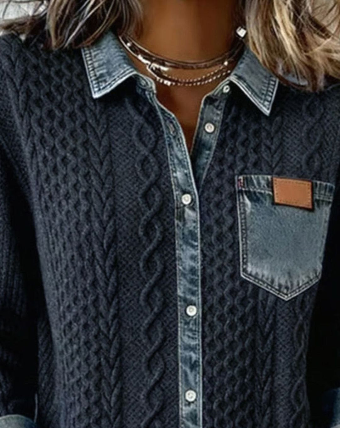 Women's Cable-Knit Button-Front Cardigan Denim-Trim Collar