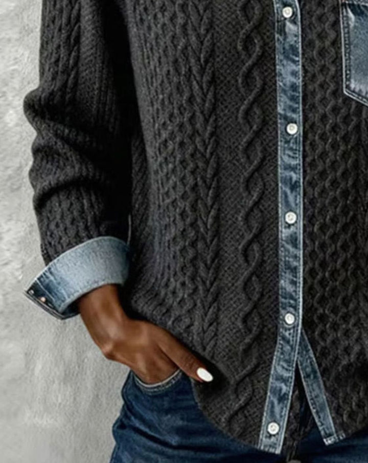 Women's Cable-Knit Button-Front Cardigan Denim-Trim Collar