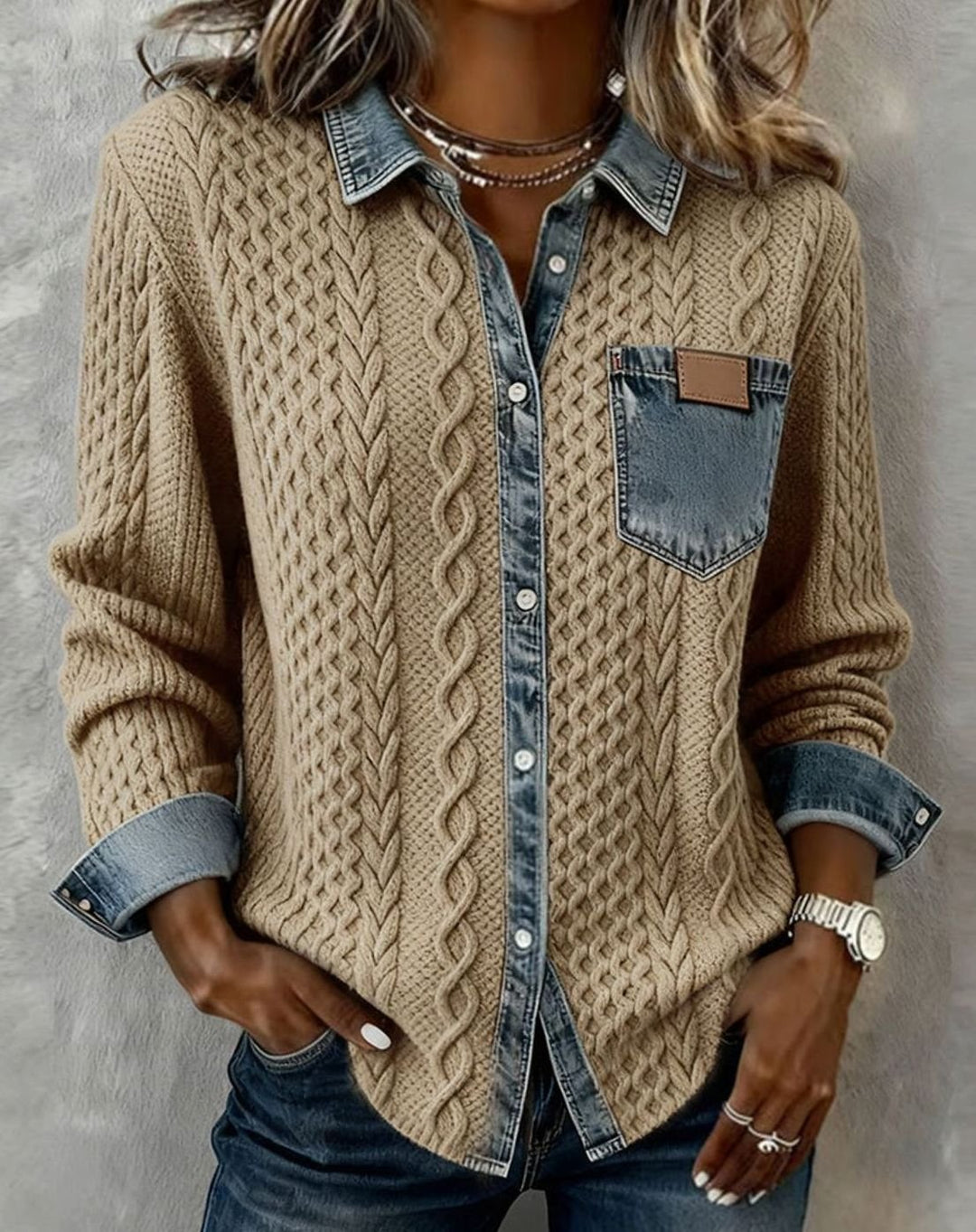 Women's Cable-Knit Button-Front Cardigan Denim-Trim Collar - Khaki