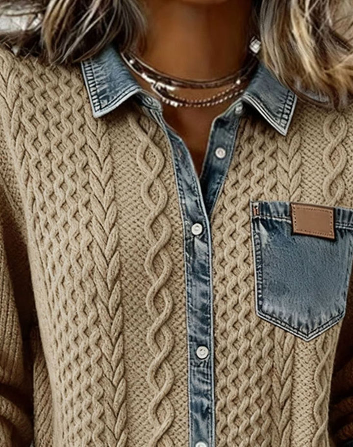 Women's Cable-Knit Button-Front Cardigan Denim-Trim Collar