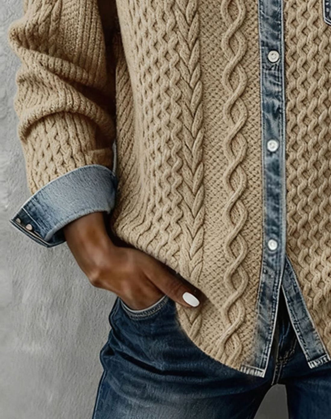 Women's Cable-Knit Button-Front Cardigan Denim-Trim Collar