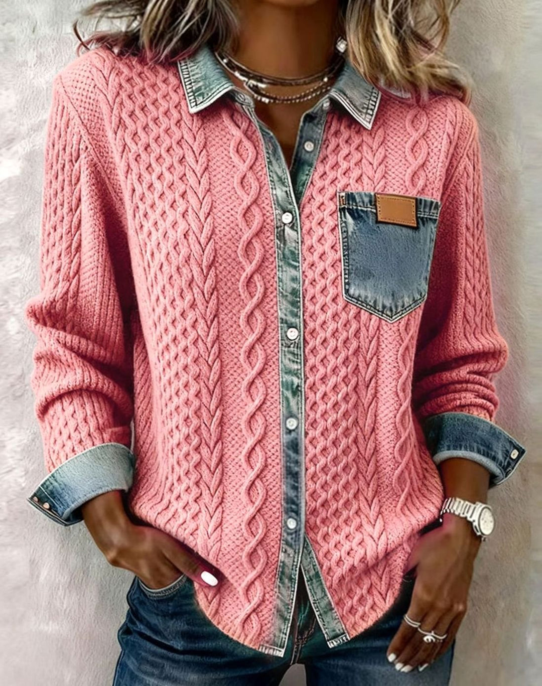 Women's Cable-Knit Button-Front Cardigan Denim-Trim Collar - Pink