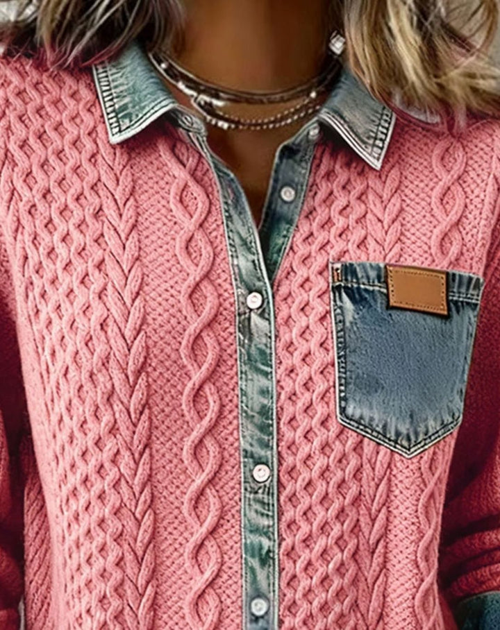 Women's Cable-Knit Button-Front Cardigan Denim-Trim Collar