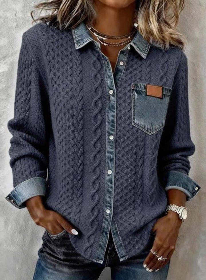 Women's Cable-Knit Button-Front Cardigan Denim-Trim Collar - Blue