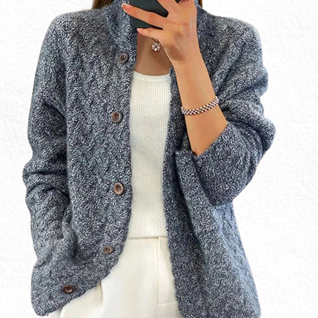 Women's Cable-Knit Button-Front Round Neck Cardigan Sweater - Charcoal Gray