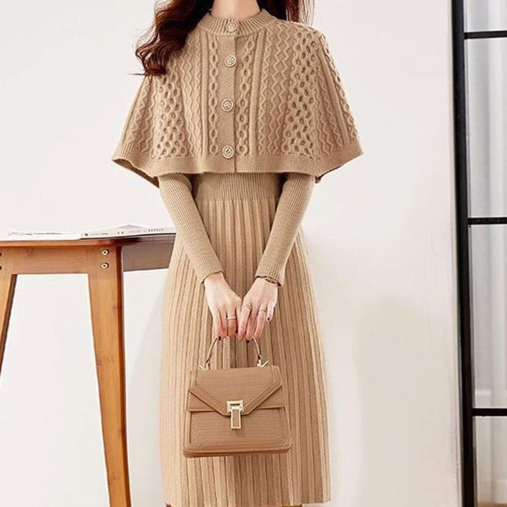 Women's Cable-Knit Long Sleeve Sweater Dress Detachable Cape Set