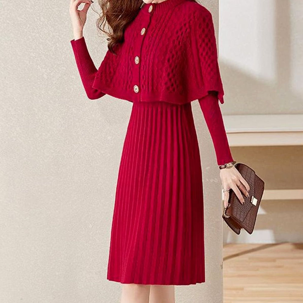 Women's Cable-Knit Long Sleeve Sweater Dress Detachable Cape Set - Red