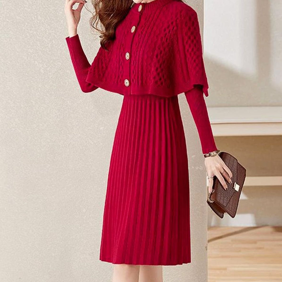 Women's Cable-Knit Long Sleeve Sweater Dress Detachable Cape Set - Red