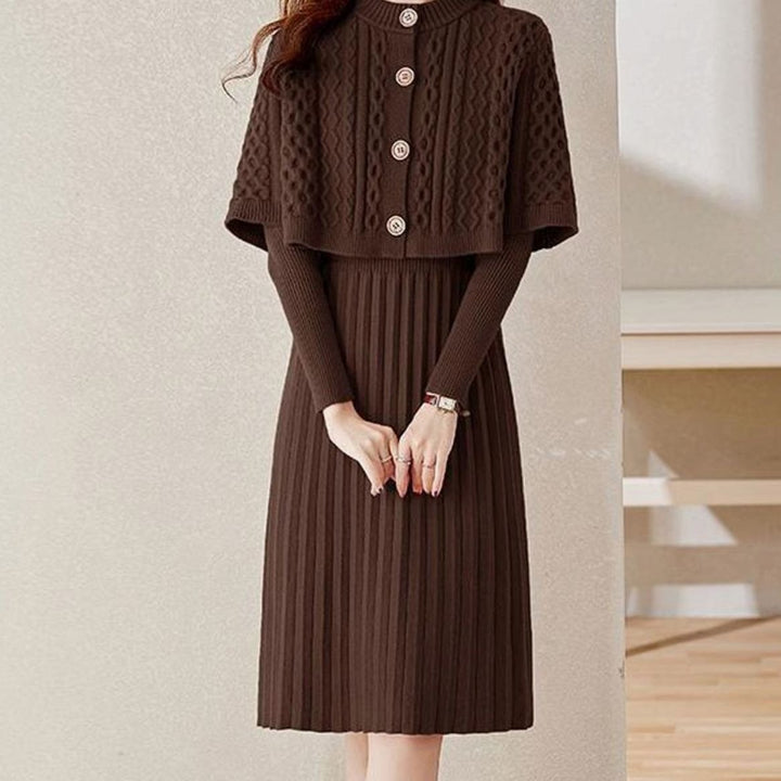 Women's Cable-Knit Long Sleeve Sweater Dress Detachable Cape Set - Coffee